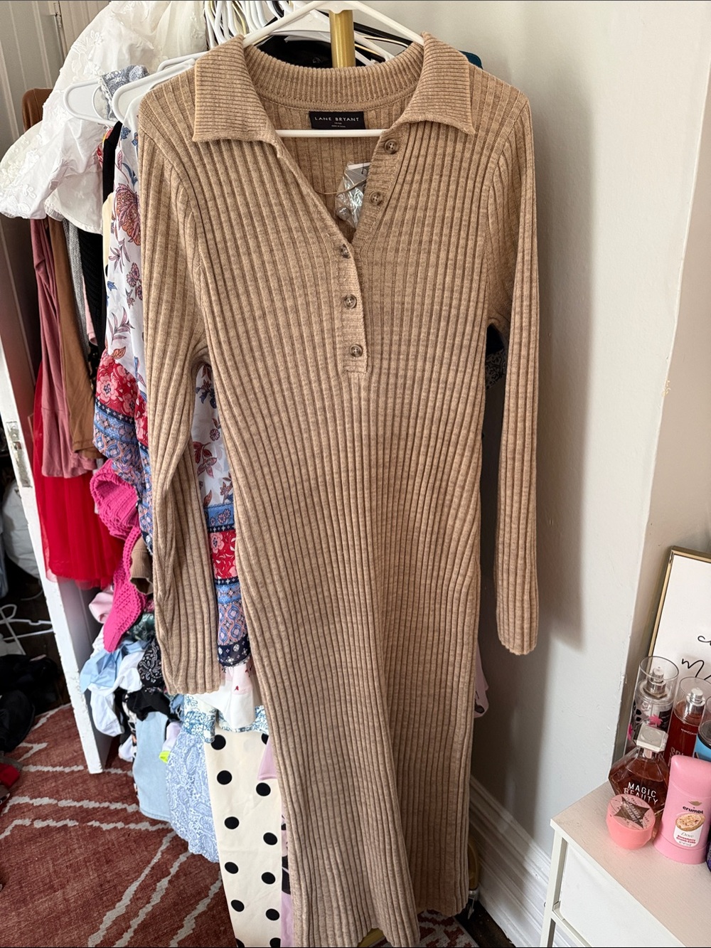 Lane Bryant Ribbed Long Sleeve Polo Maxi Dress - Camel/Tan